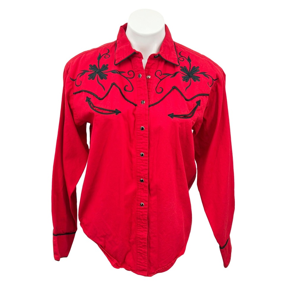 Panhandle Slim Western Shirt Women SZ L Red Floral Embroidery Pearl Snap Rodeo